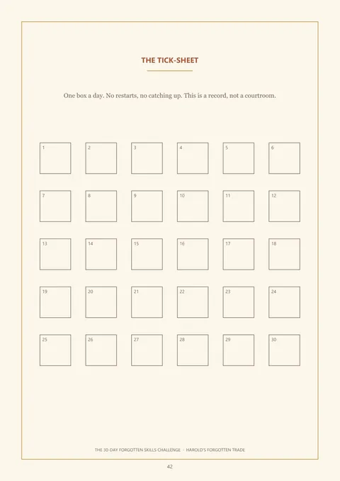 The challenge's thirty-box tick sheet