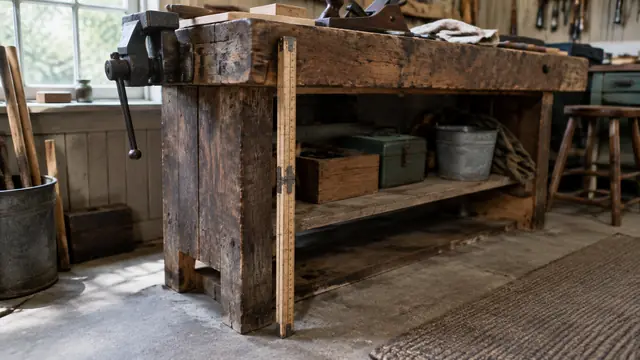 A heavy workbench with a vise in a small shop