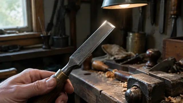 A hand holding a chisel, its edge catching the lamp light