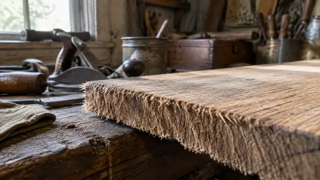 The end of a rough board on a bench, showing its grain