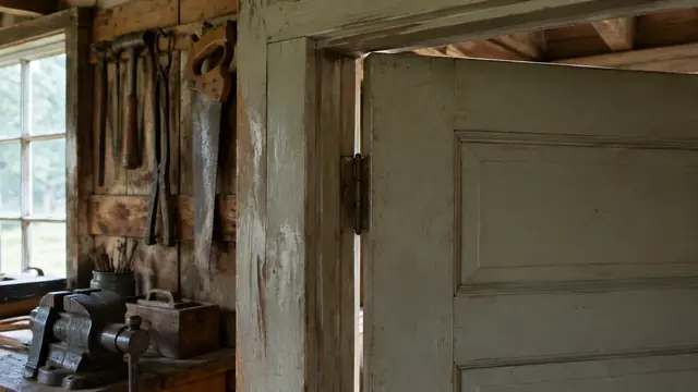An old panelled door standing open in a workshop