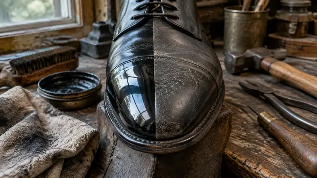 A black leather shoe, half shined, on a bench beside brushes and a tin of polish