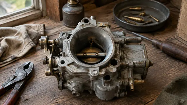 An old carburetor on a bench beside pliers and a screwdriver
