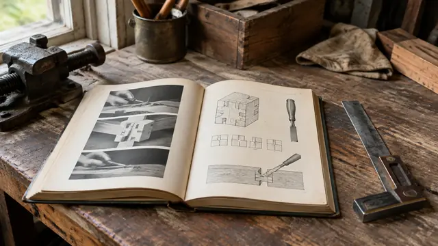 An old trade manual open on a workbench beside a square and a chisel
